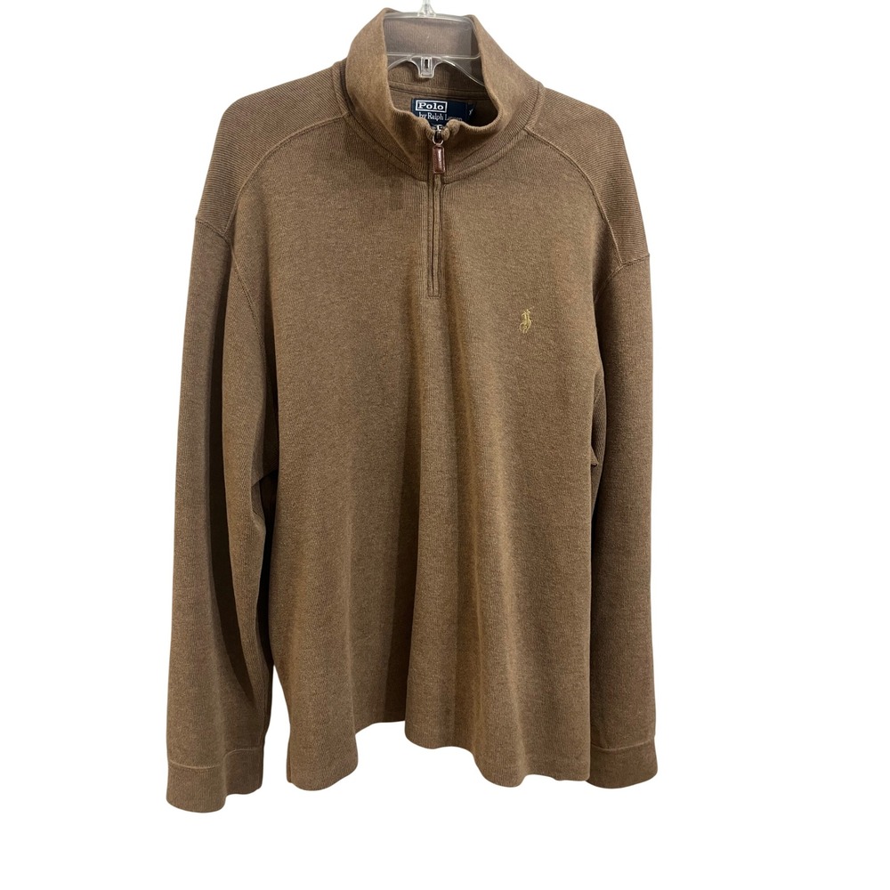 Polo Ralph Lauren Mens XL Brown Cotton Quarter Zip Pullover Sweater Mock Neck
